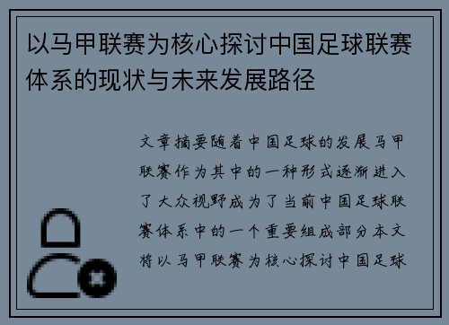 以马甲联赛为核心探讨中国足球联赛体系的现状与未来发展路径