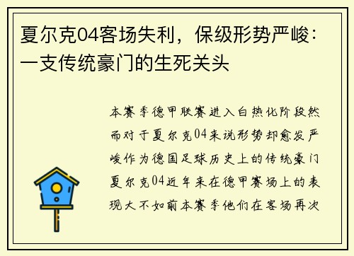 夏尔克04客场失利，保级形势严峻：一支传统豪门的生死关头