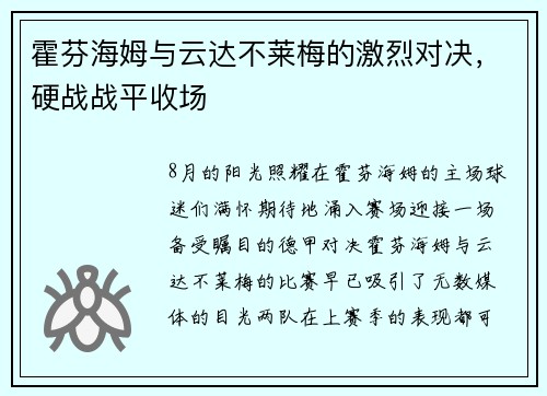 霍芬海姆与云达不莱梅的激烈对决，硬战战平收场